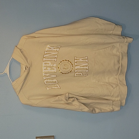 PINK Victoria's Secret Tops - ☀️ PINK VS cream hoodie with white and gold words